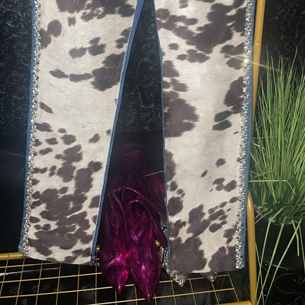 Cow Print Jeans with Rhinestone Trim - Picture 5 of 7